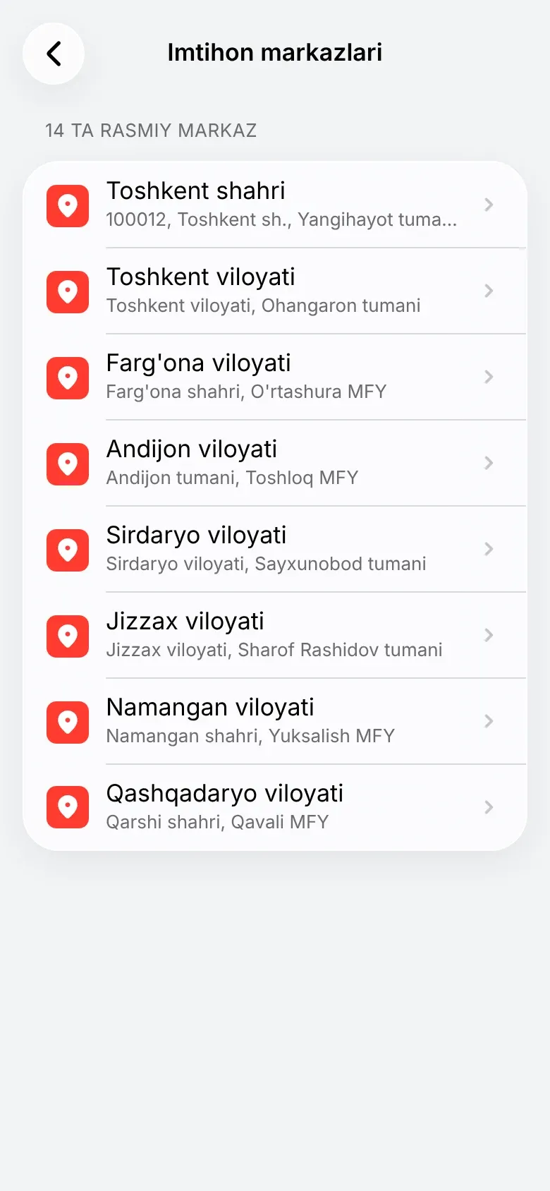 Имтиҳон марказлари рўйхати
